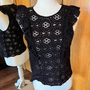 Zara Women’s Black Open Weave Tank Top, Sleeveless, Ruffle Accents, Sz SM